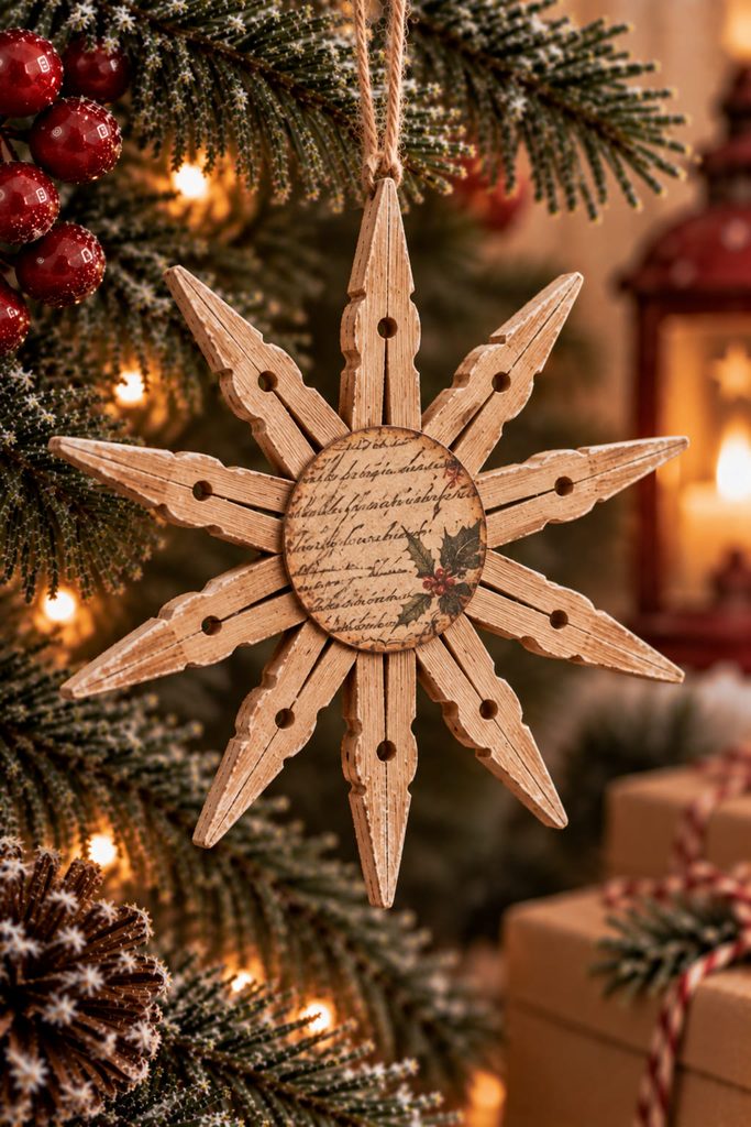 Radial clothespin star ornament with an antique-script decoupage medallion at the center.