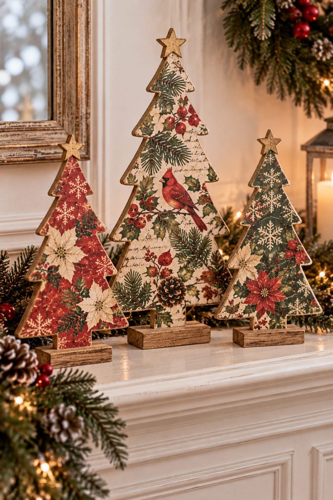 Three decoupaged Christmas tree silhouettes in staggered heights standing securely across a mantel.