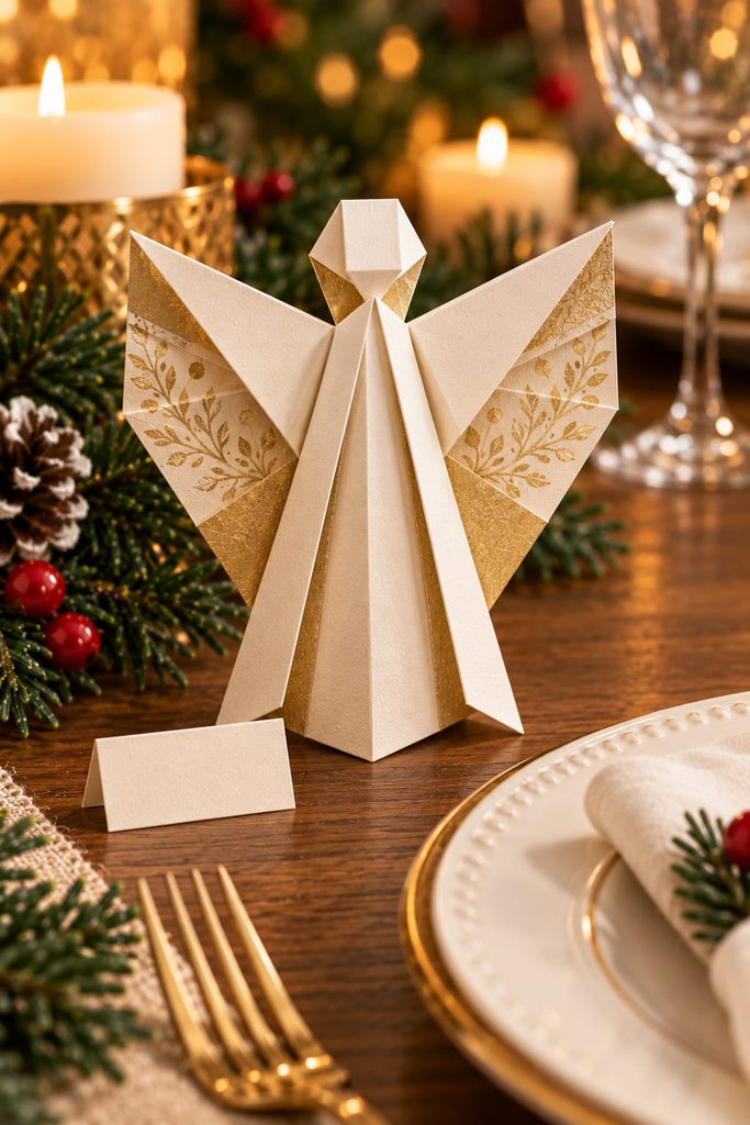 Cream folded paper angel standing beside a holiday plate with balanced wings and an open base.