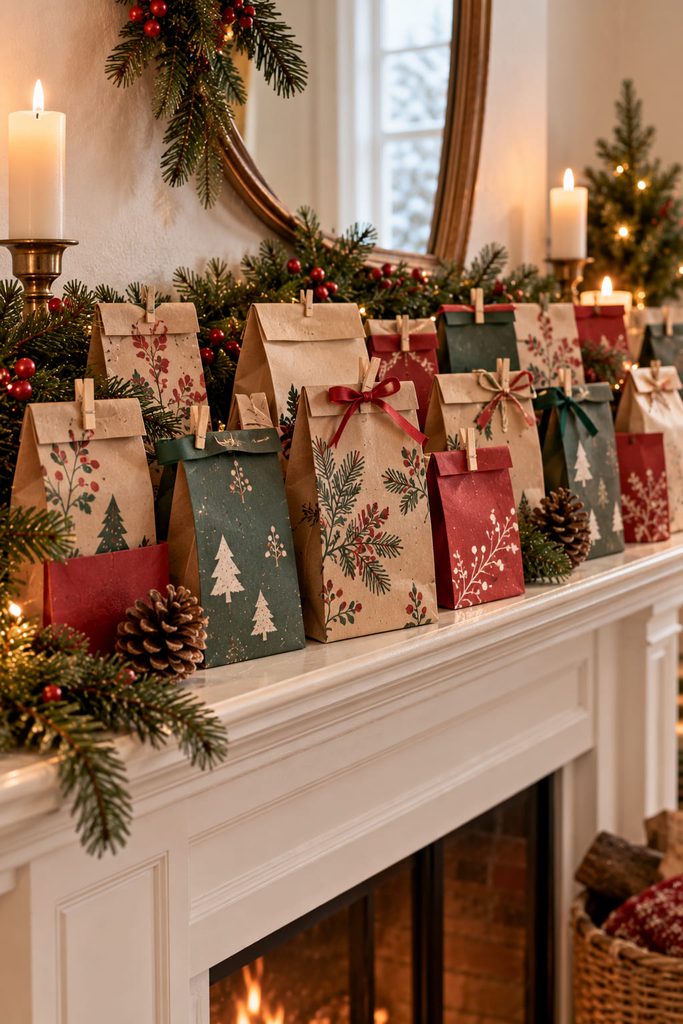 Small folded paper bags standing across a mantel as a fillable advent calendar.