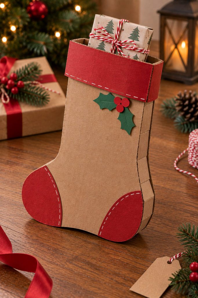 Stocking-shaped cardboard gift envelope with a shallow gusset and open cuff for a small present.