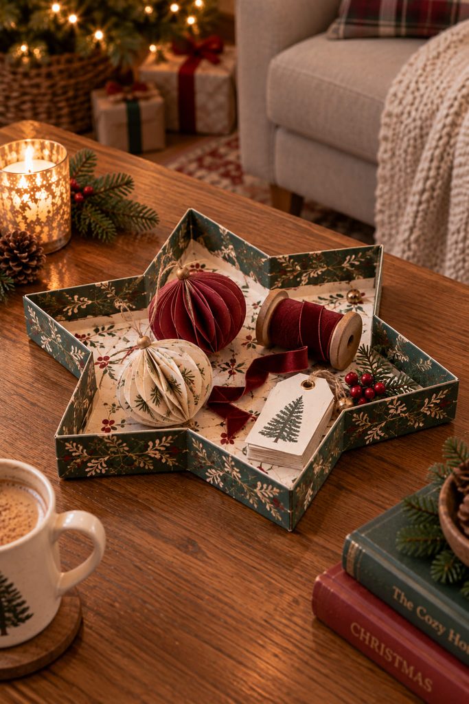 Low star-shaped cardstock tray holding lightweight Christmas paper decorations on a coffee table.