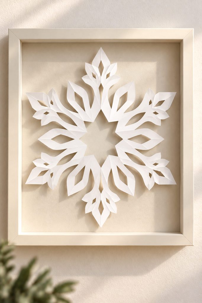 Mixed-scale paper snowflake with large, medium, and small openings displayed in a cream frame.