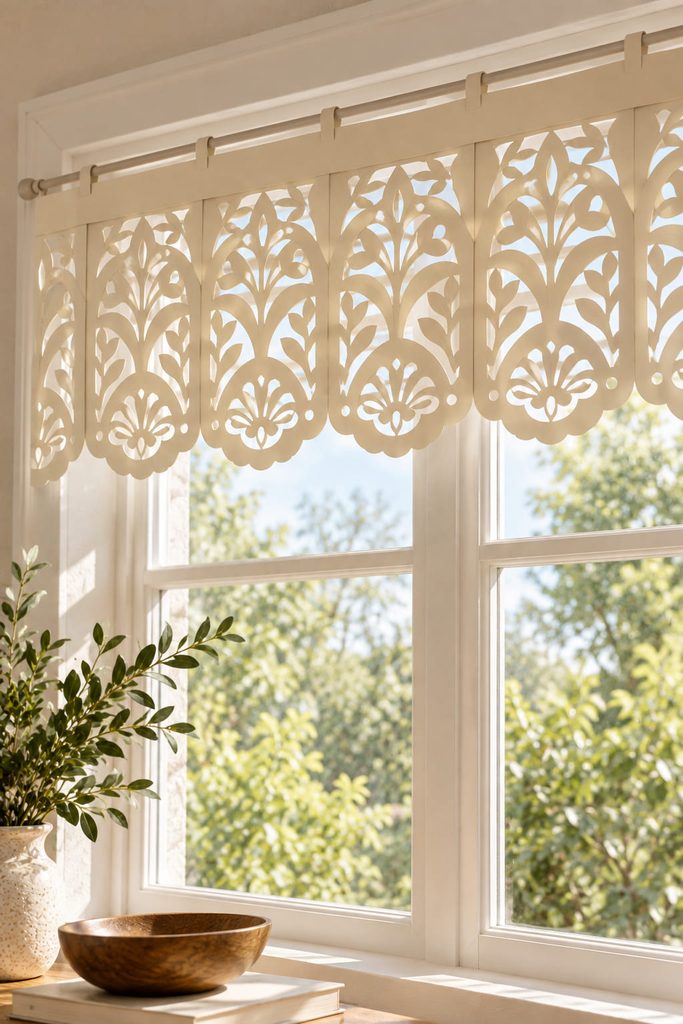 Modular cream papercut window valance with repeating arches hanging from a continuous solid top rail.