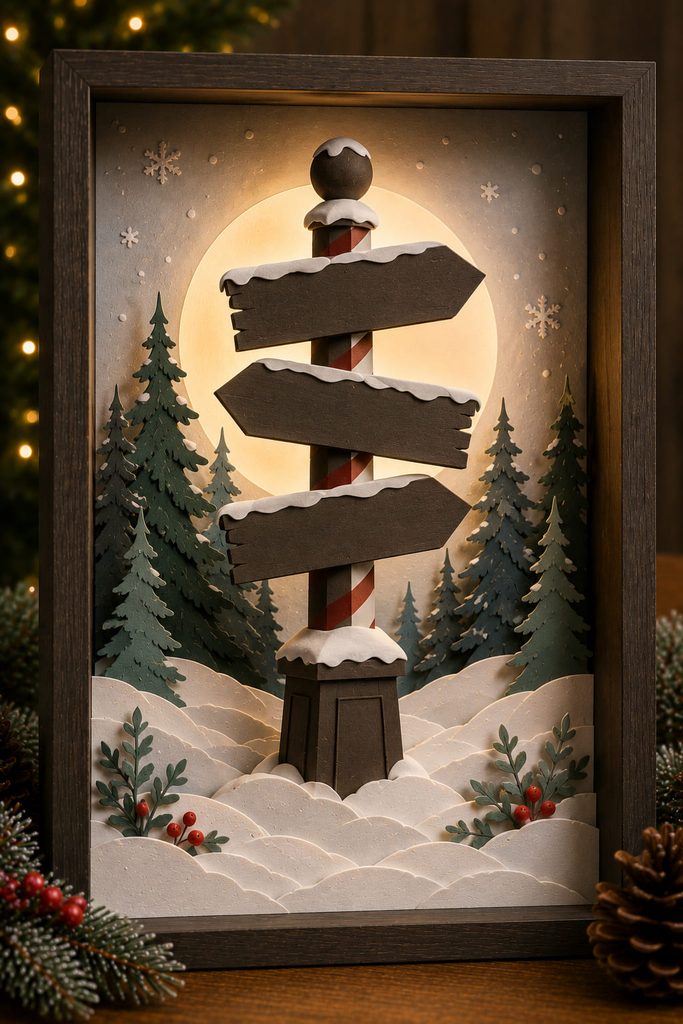 Layered North Pole signpost shadow box surrounded by snowy paper hills and distant evergreens.