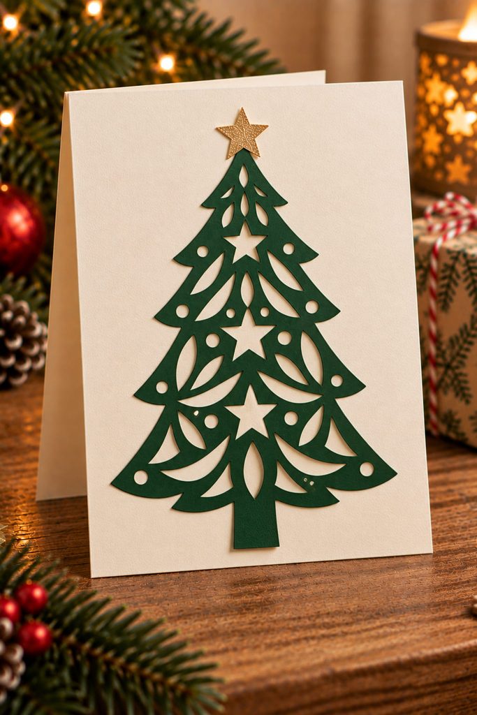 Deep-green paper lace Christmas tree with bold cut openings over a warm cream card.
