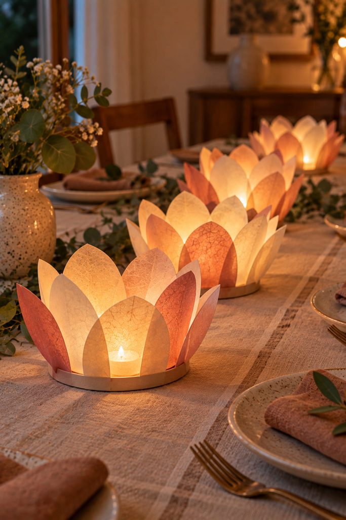 Low translucent paper petal lanterns arranged along a dining table around battery tea lights.