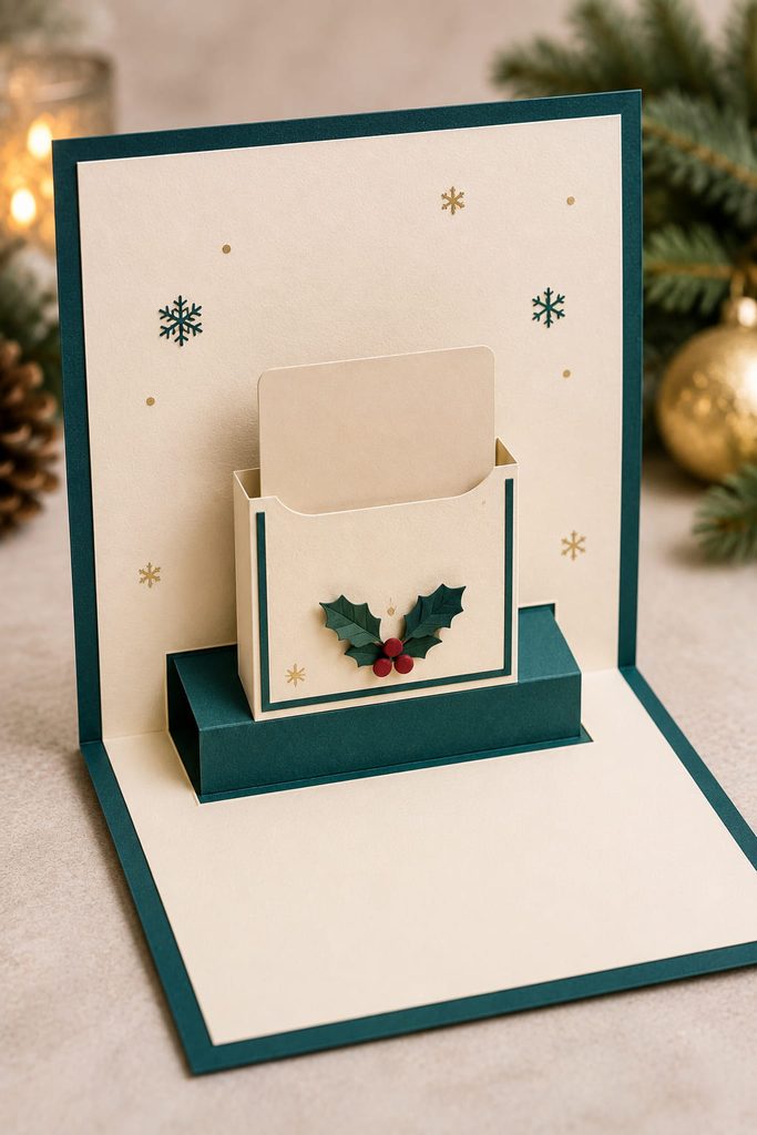 Rising paper gift-card pocket on a parallel-fold platform inside an open teal Christmas card.