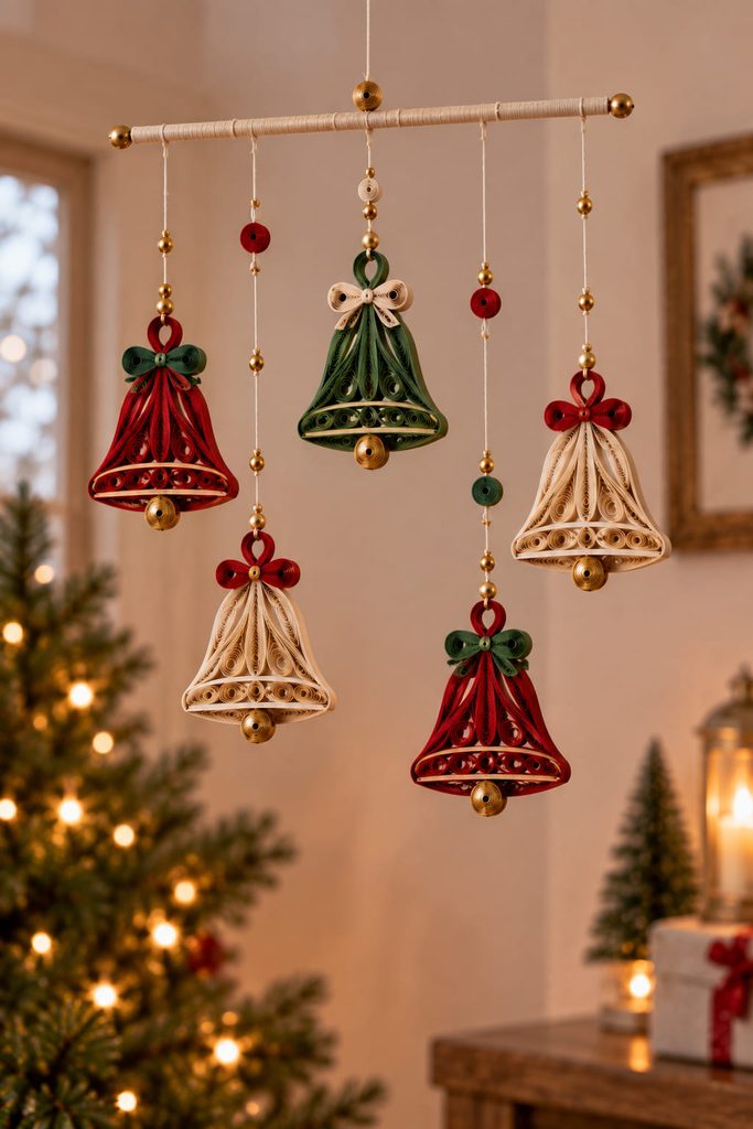 Quilled paper bell mobile balanced from a narrow crossbar with bells hanging at staggered heights.