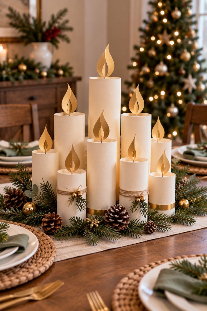 Decorative rolled-paper candle centerpiece with ivory tubes and paper flame shapes.