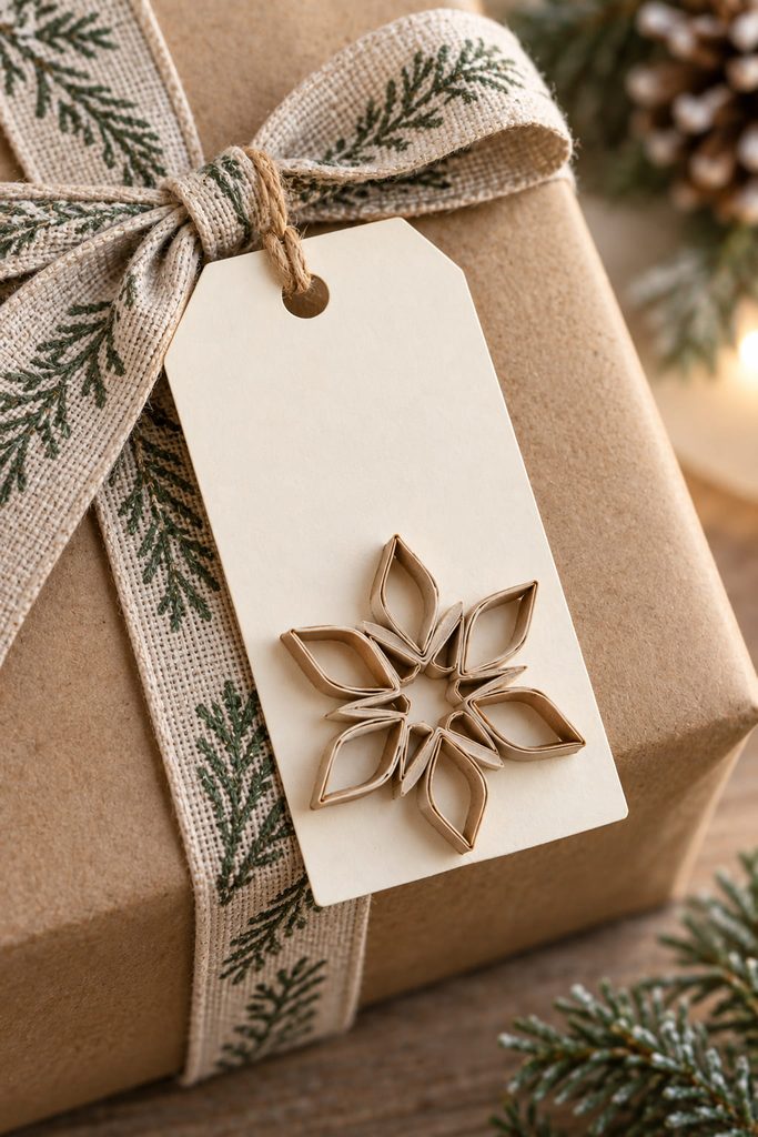 Blank cream gift tag decorated with a small open-center cardboard-tube snowflake below the writing area.