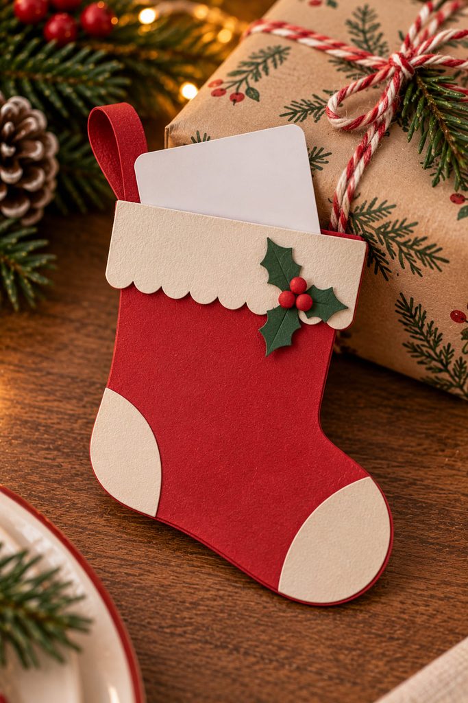 Red paper stocking-shaped gift card pocket with a blank card partly visible at the top.