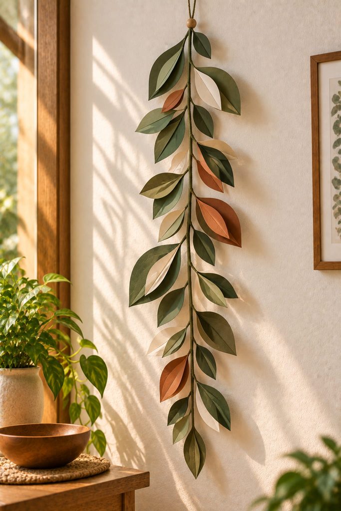 Suspended layered paper botanical silhouette with a reinforced central stem.