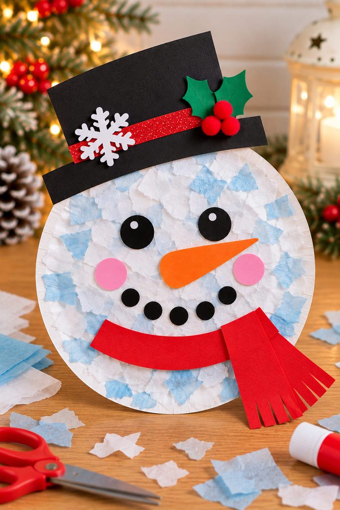 Tissue paper mosaic snowman on a paper plate