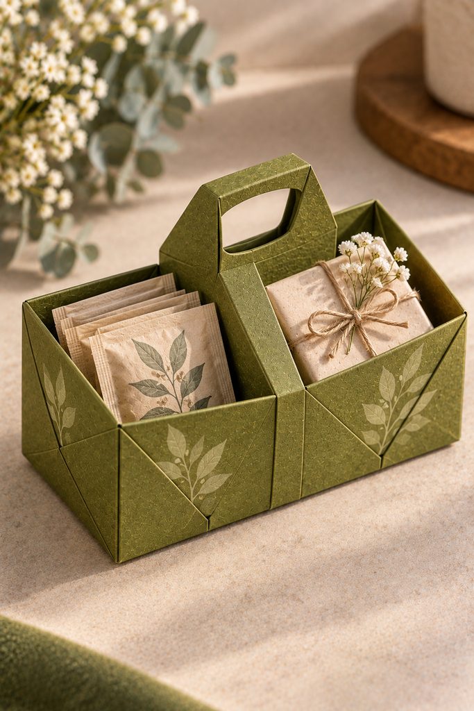 Two-section folded paper handle box holding tea sachets and a wrapped soap.