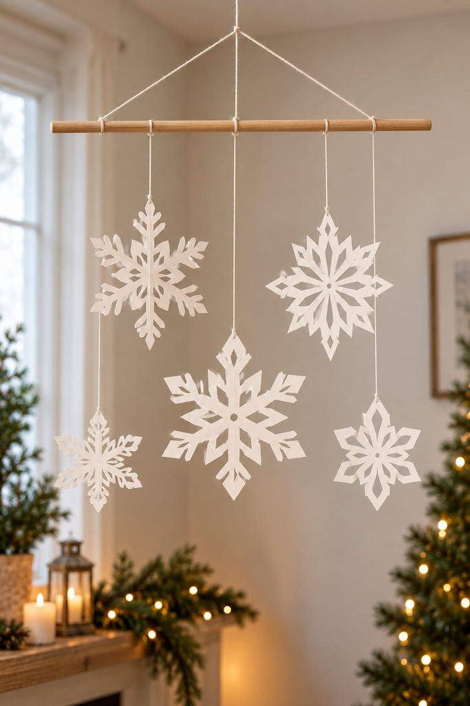 Balanced paper snowflake mobile hanging from a slim dowel with five suspended snowflakes.