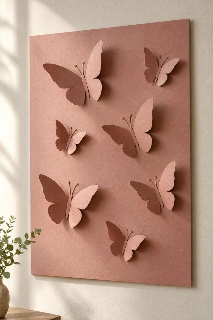 Dusty-rose paper butterfly panel with partially cut wings lifted from the backing into shallow relief.