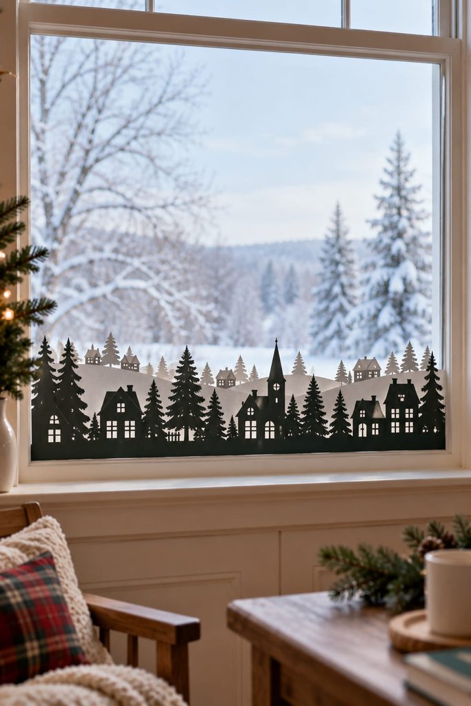 Layered cut-paper winter village and fir-tree skyline mounted across the bottom of a window.