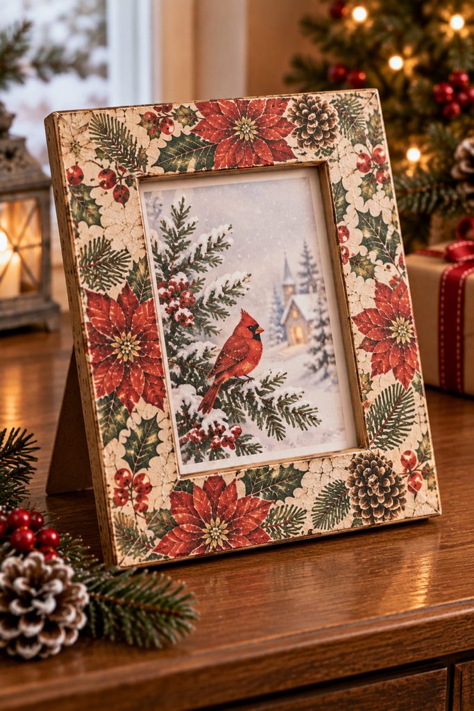 Decoupaged tabletop frame holding an illustrated Christmas card while the inner opening and backing remain clear.