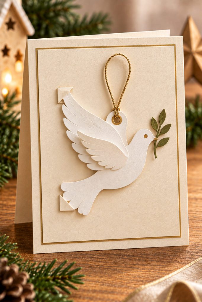 Detachable white paper dove ornament mounted on a cream Christmas card with a thin gold hanging loop.