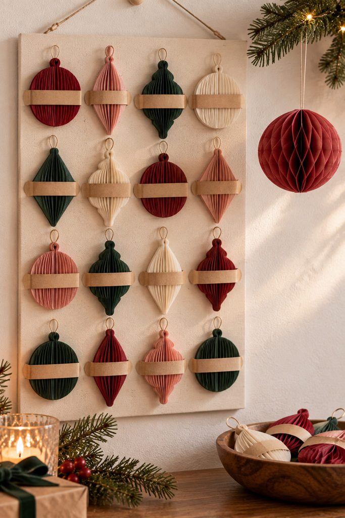 Advent board with collapsed tissue honeycomb ornaments and one ornament opened for hanging.