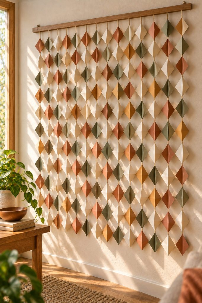 Folded paper tile curtain with repeated geometric units hanging in vertical strands.