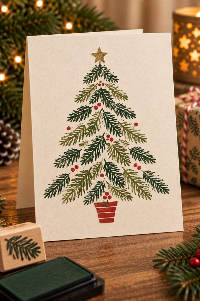 Cream handmade card with a Christmas tree built from repeated green evergreen stamp impressions.