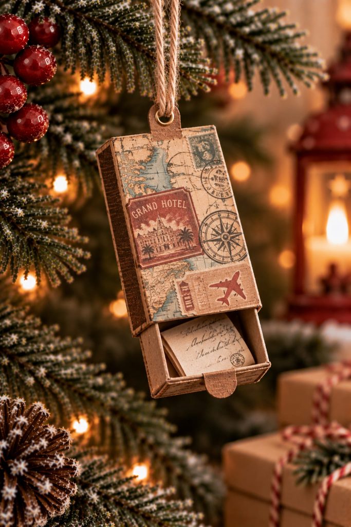 Opening matchbox keepsake ornament covered with vintage travel ephemera and holding a tiny folded note.