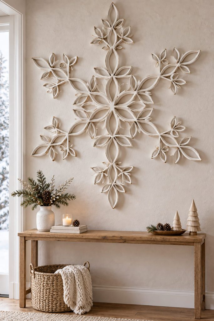 Oversized clustered cardboard-tube snowflake backdrop mounted above a slim console on a pale wall.