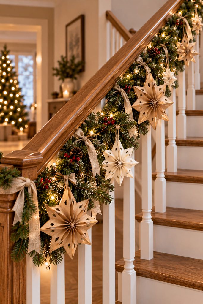 Kraft star decorations attached to a holiday swag along a stair rail while leaving the hand-grip clear.