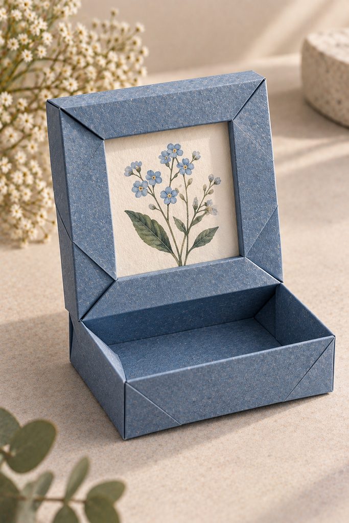 Dusty-blue folded paper frame box displaying a small botanical illustration.
