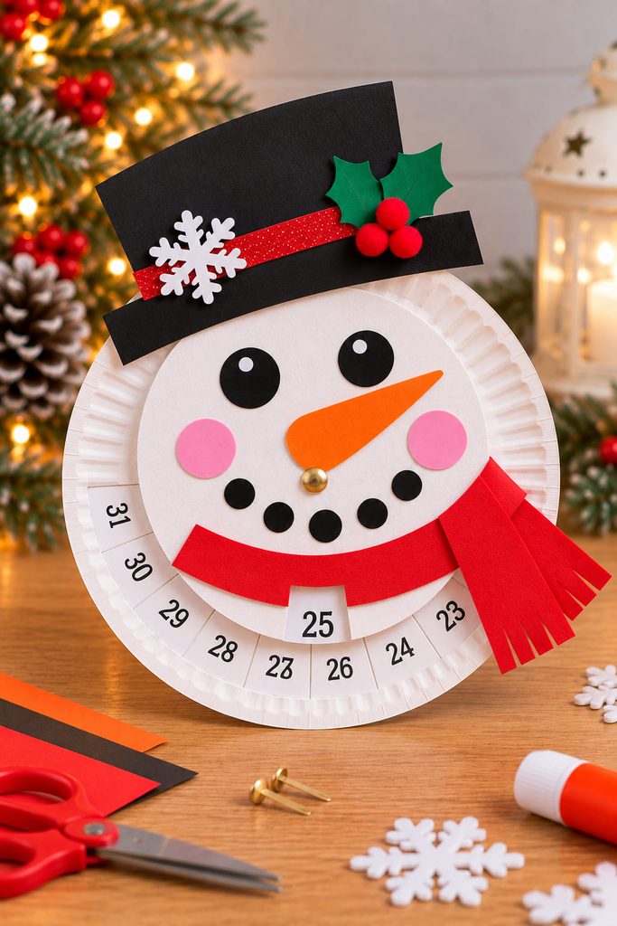 Rotating paper plate snowman countdown wheel with number window