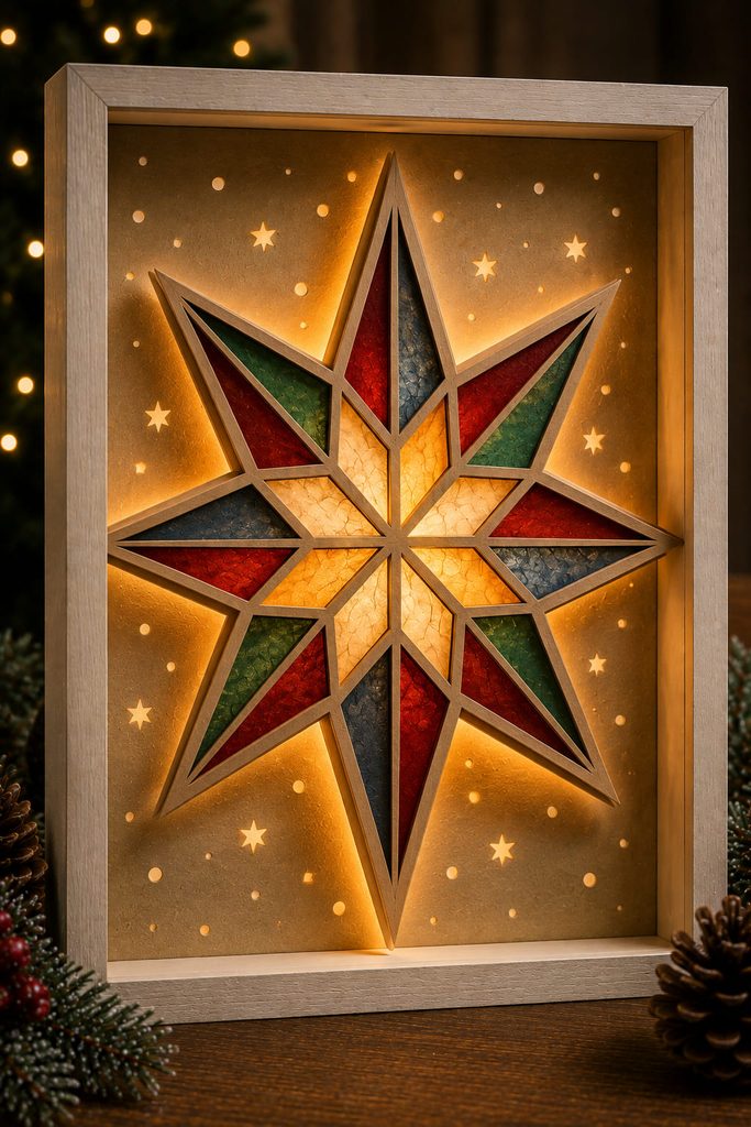 Illuminated paper Christmas star shadow box with translucent stained-glass-style vellum panels.