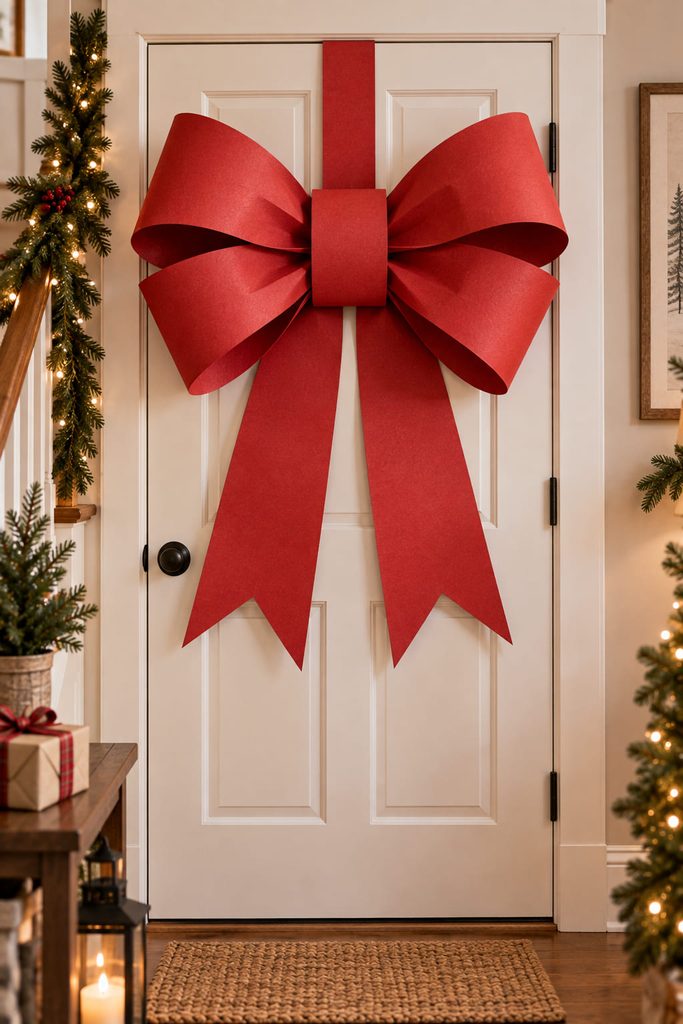 Giant red paper gift bow with reinforced loops and long tails on an interior door.