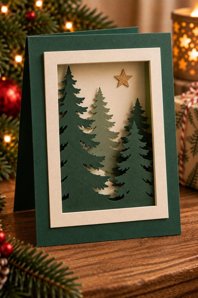 Layered shadow-frame Christmas card with spaced evergreen silhouettes creating real paper depth.
