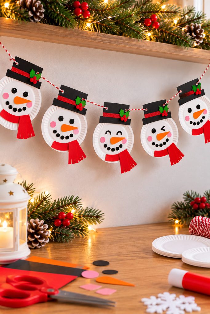 Garland made from mini paper plate snowman faces