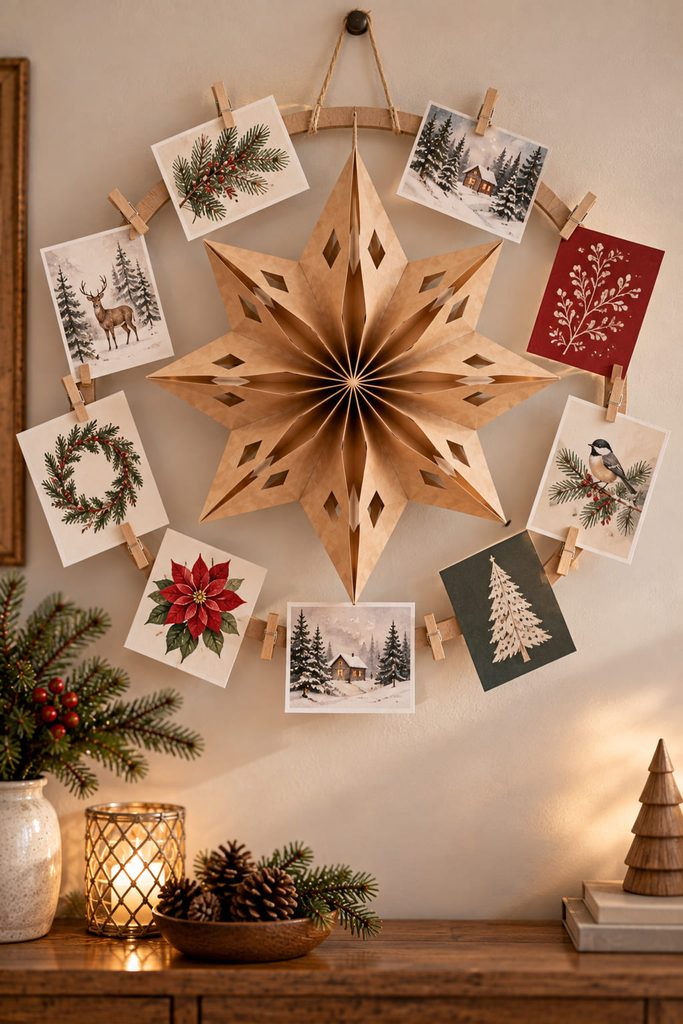 Paper bag star centered inside a holiday card display ring with cards clipped around the frame.