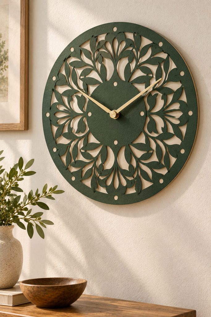 Deep-green papercut wall clock with a reinforced center, slim brass hands, and open decorative cutwork.