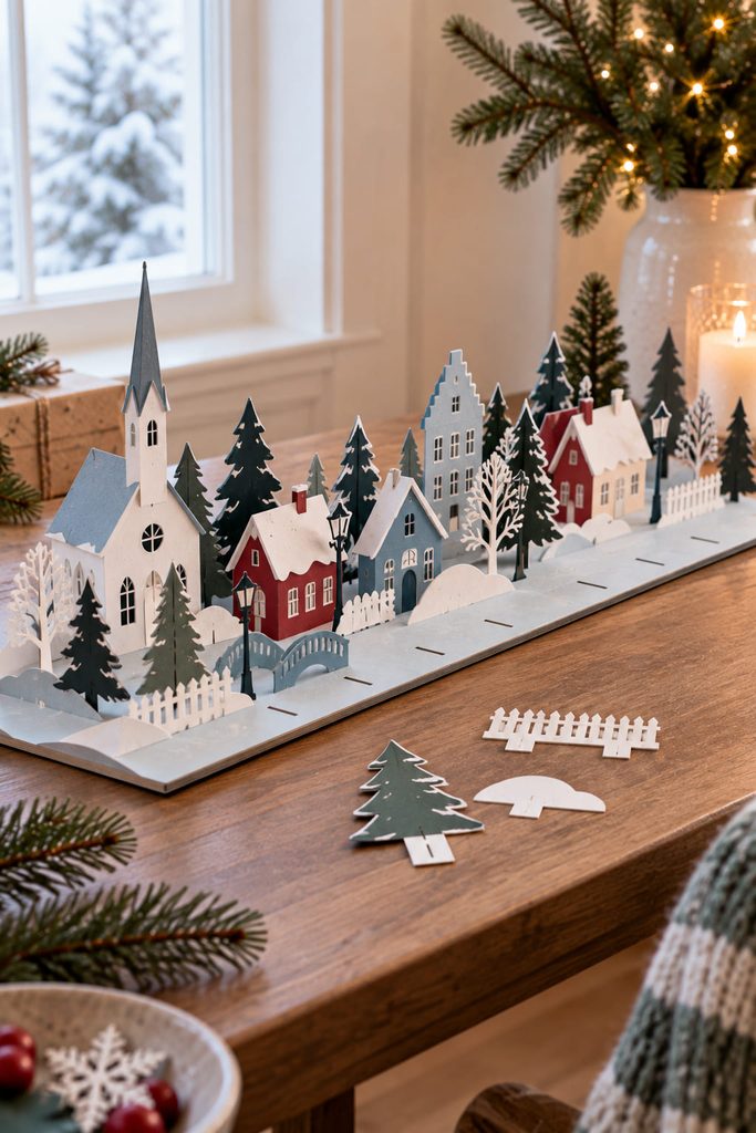 Slot-together cardstock winter village growing across a long advent countdown base.