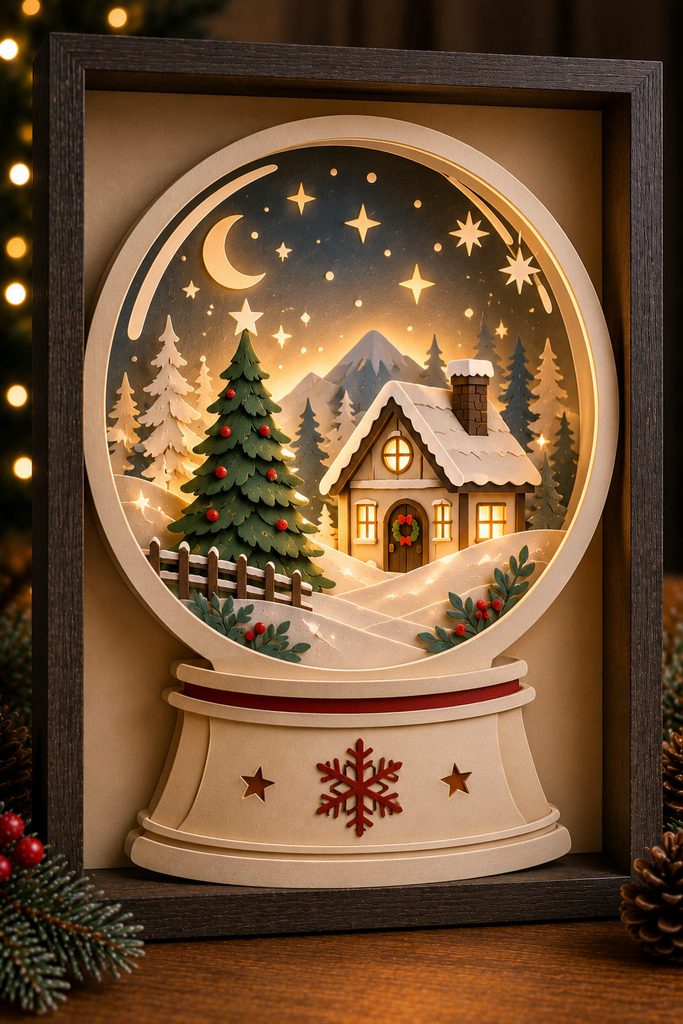 Paper snow globe shadow box containing a miniature layered Christmas scene with soft backlighting.