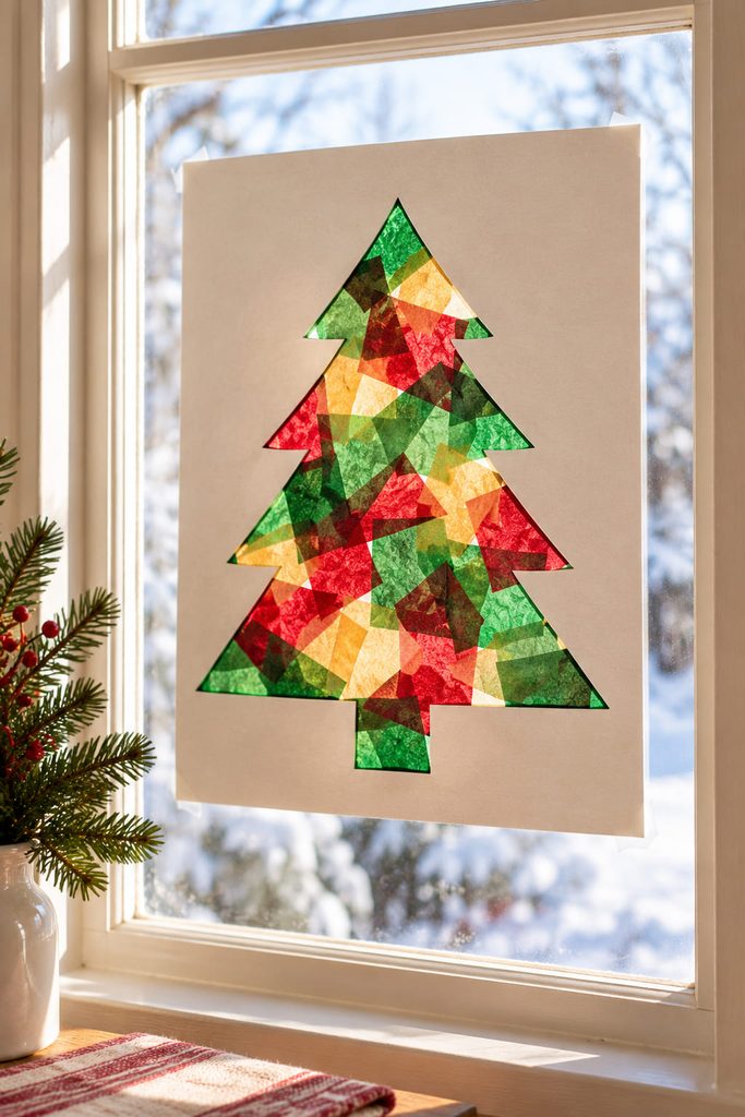 Tissue-paper Christmas tree window panel glowing with green, red, and amber daylight.
