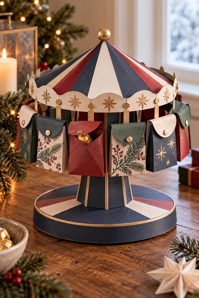 Tabletop paper advent carousel with folded pockets arranged around a stable circular base.