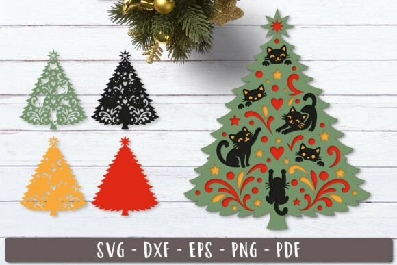 Playful Cat Layered Xmas Tree SVG Design
