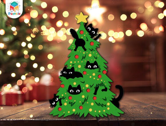 Playful Cat Christmas Xmas Tree SVG Paper Cut Design