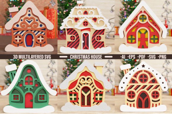 Cute House Christmas Svg 3D Bundle