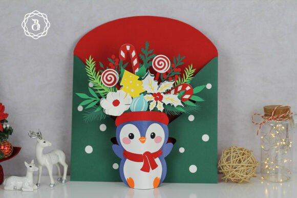 Penguin Christmas Pop Up Card SVG Vase