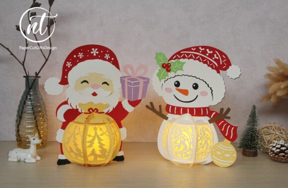 Paper Lantern Santa Claus SVG with Snowman